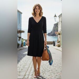 Boden US 2 Solid Black Stretch Dress 3/4 Sleeve V Neck